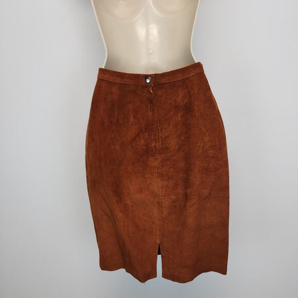 Vintage Pia Rucci Suede Skirt Size 4 23" Cognac Back Slit Knee Length Festival - Picture 3 of 11